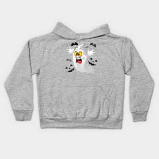 Ghost Funny Halloween Character Scared by Pumpkins and Bats Kids Hoodie